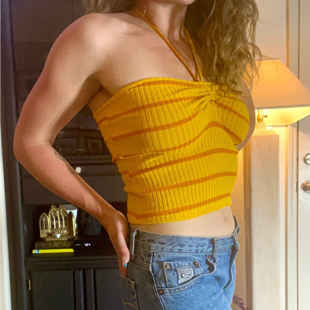 Yellow and Orange Striped Halter Crop Top